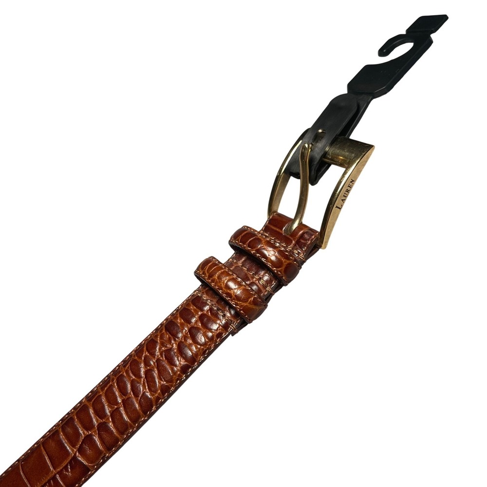 Lauren Ralph Lauren Womens Brown Croc Embossed‎ Leather Belt Gold Buckle Large